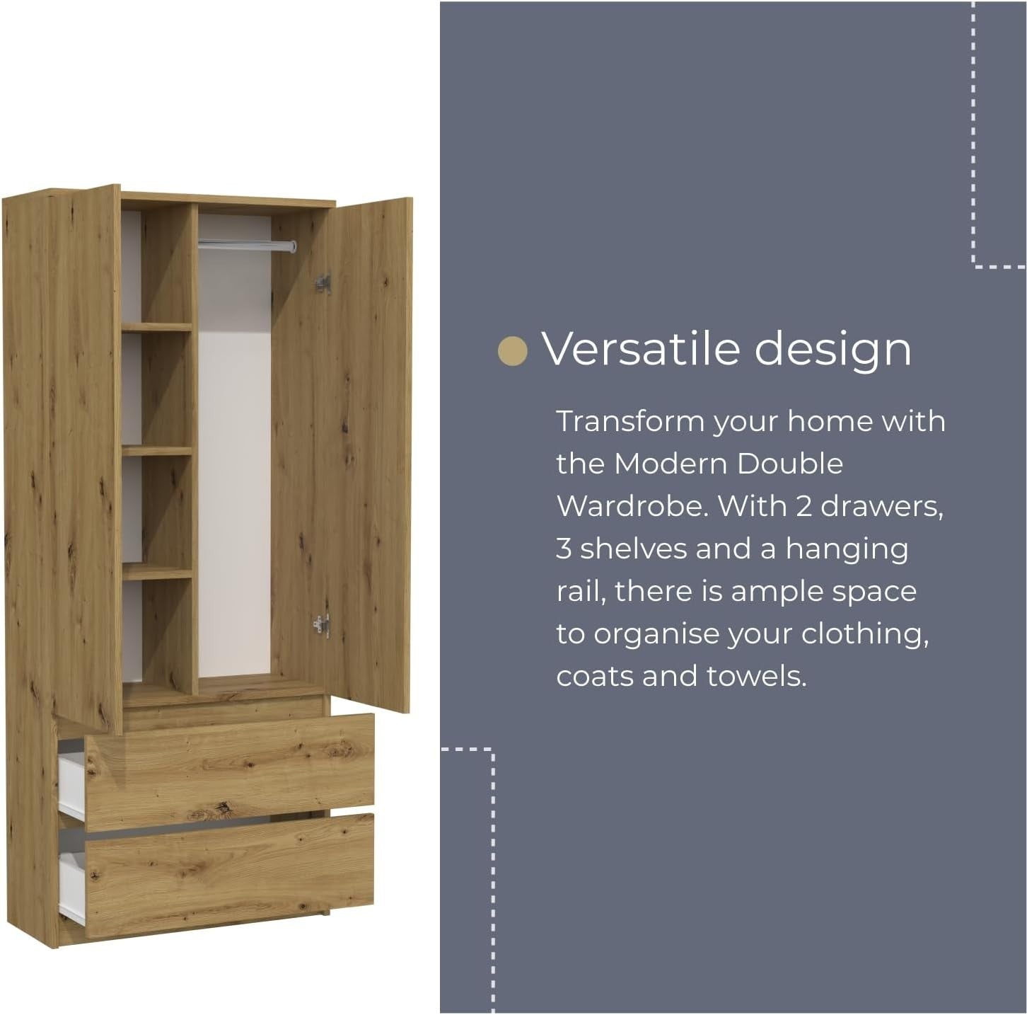 Large Rustic Double Wardrobe with Drawers & Hanging Rail - Bedroom Storage