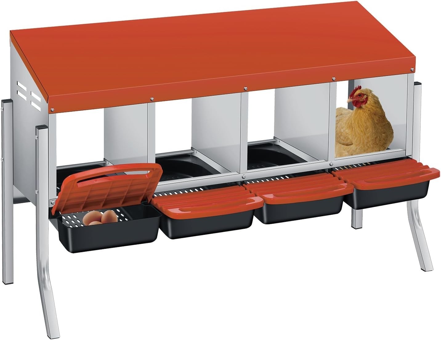 4 Chamber Steel Chicken Nest Box with Stand Pull Out Egg Tray