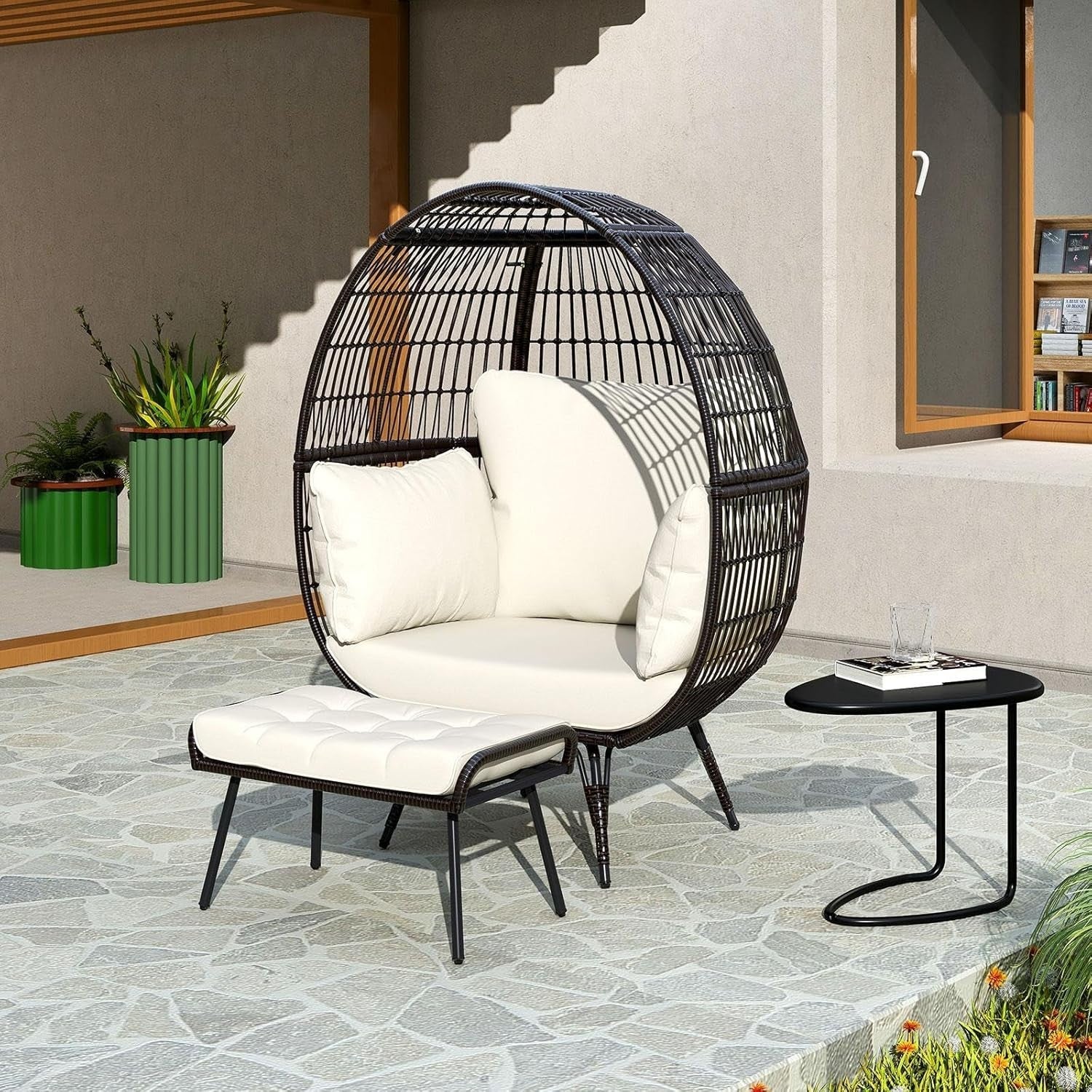 Oversized Rattan Egg Chair with Ottoman Freestanding Cushioned Lounge Seat