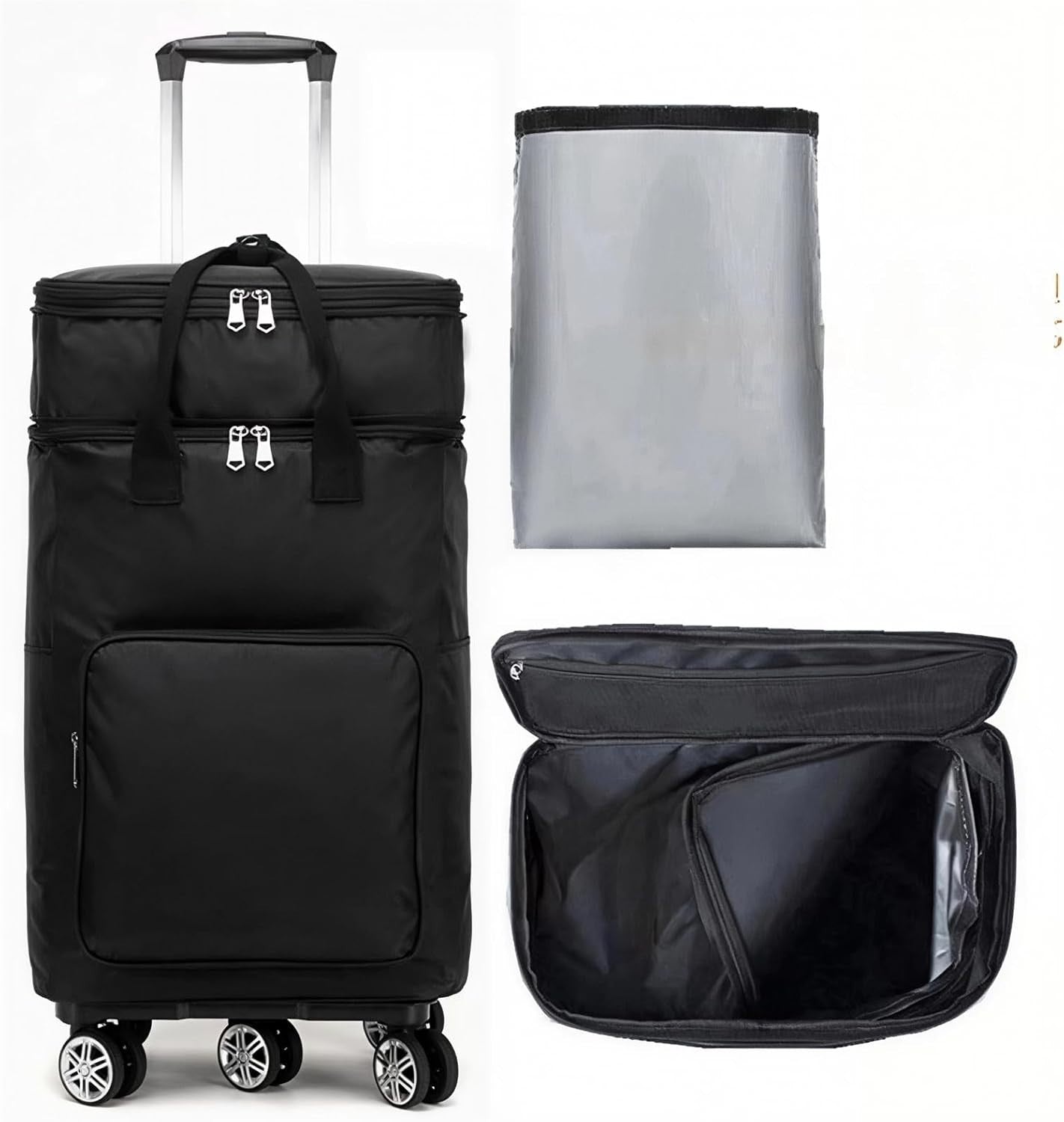 Insulated Folding Shopping Trolley Bag Wheels Telescopic Handle Black