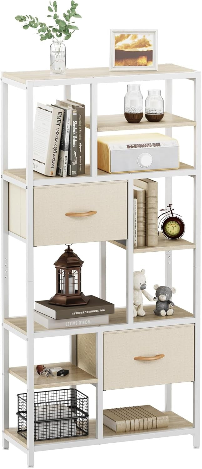 7-Tier Industrial Bookshelf with Drawers, Tall Storage Display Unit Beige