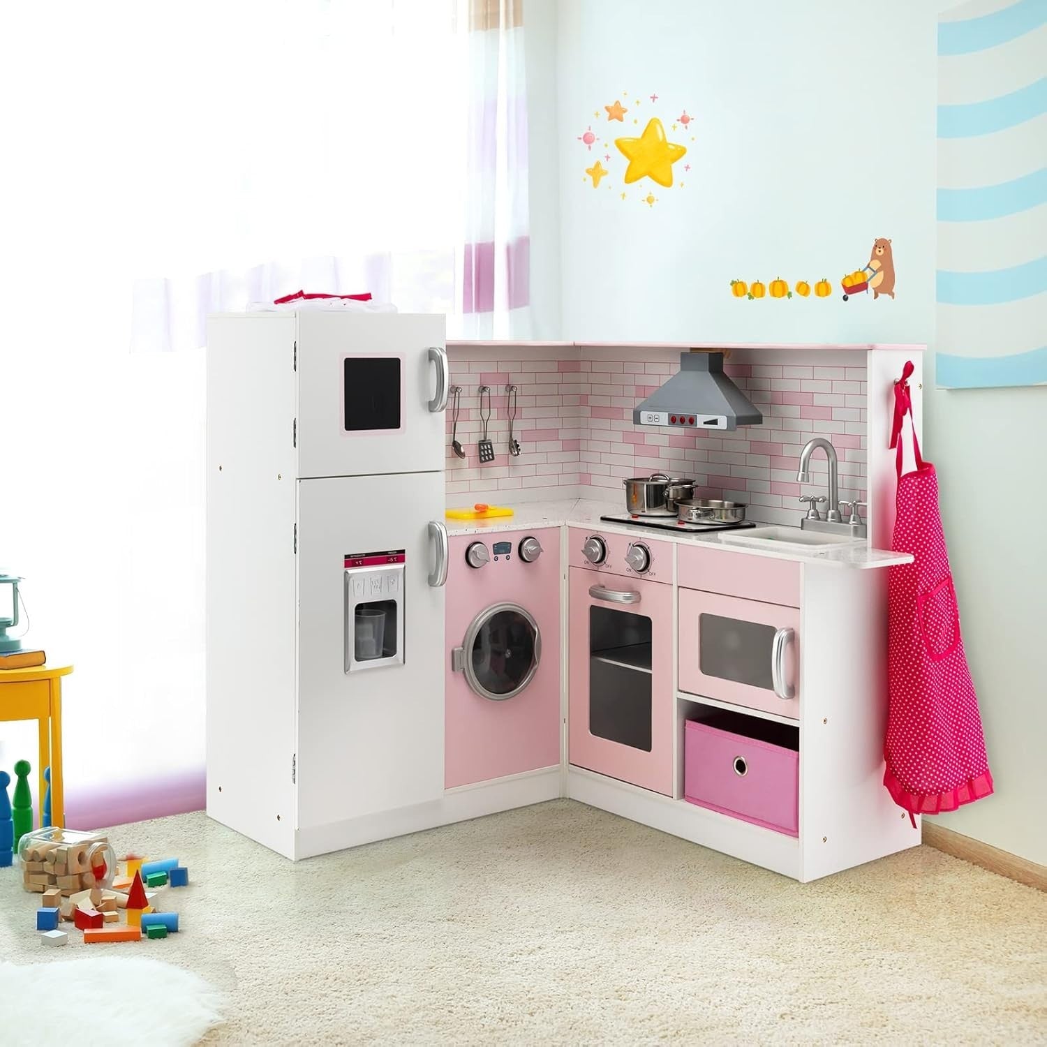 Corner Kids Play Kitchen Lights Sounds Pink Wooden Chef Toy Set