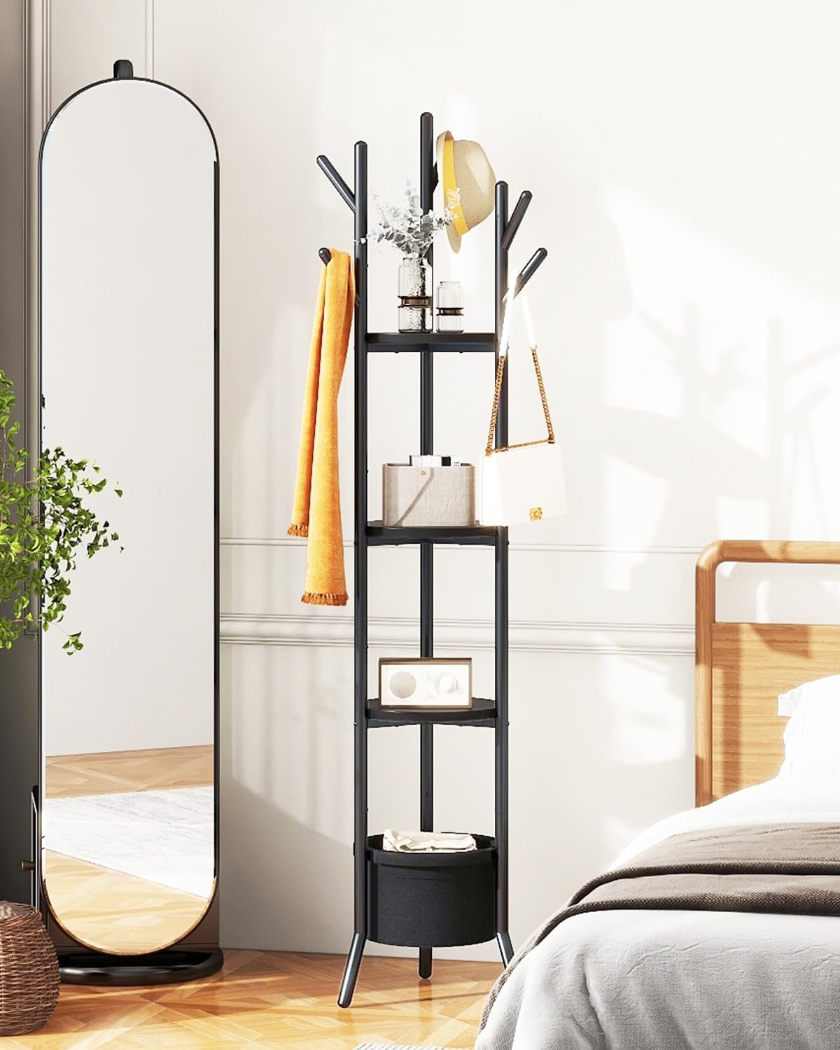 Black Freestanding Coat Rack with Shelves | 169cm Metal Hall Tree Stand