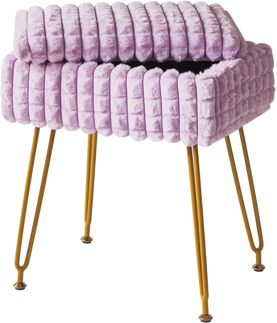 Purple Rectangular Vanity Stool with Storage Padded Makeup Chair with Metal Legs