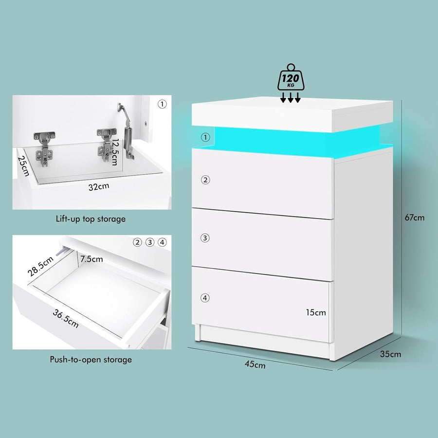 LED Bedside Table with 3 Drawers & RGB Lights | Modern White High Gloss