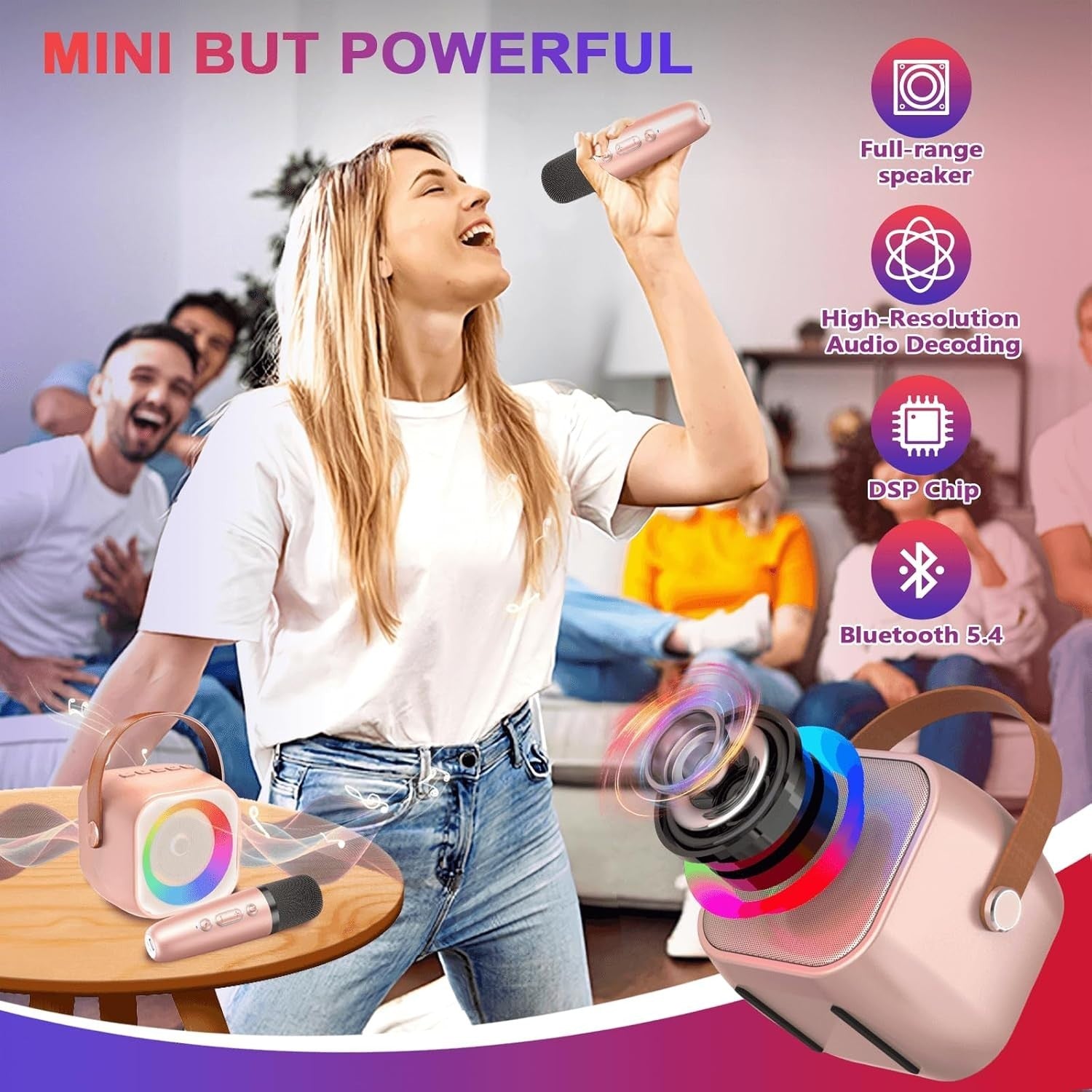Kids Karaoke Machine Bluetooth 5.3 Speaker w/2 Mics Voice Changer LED Light