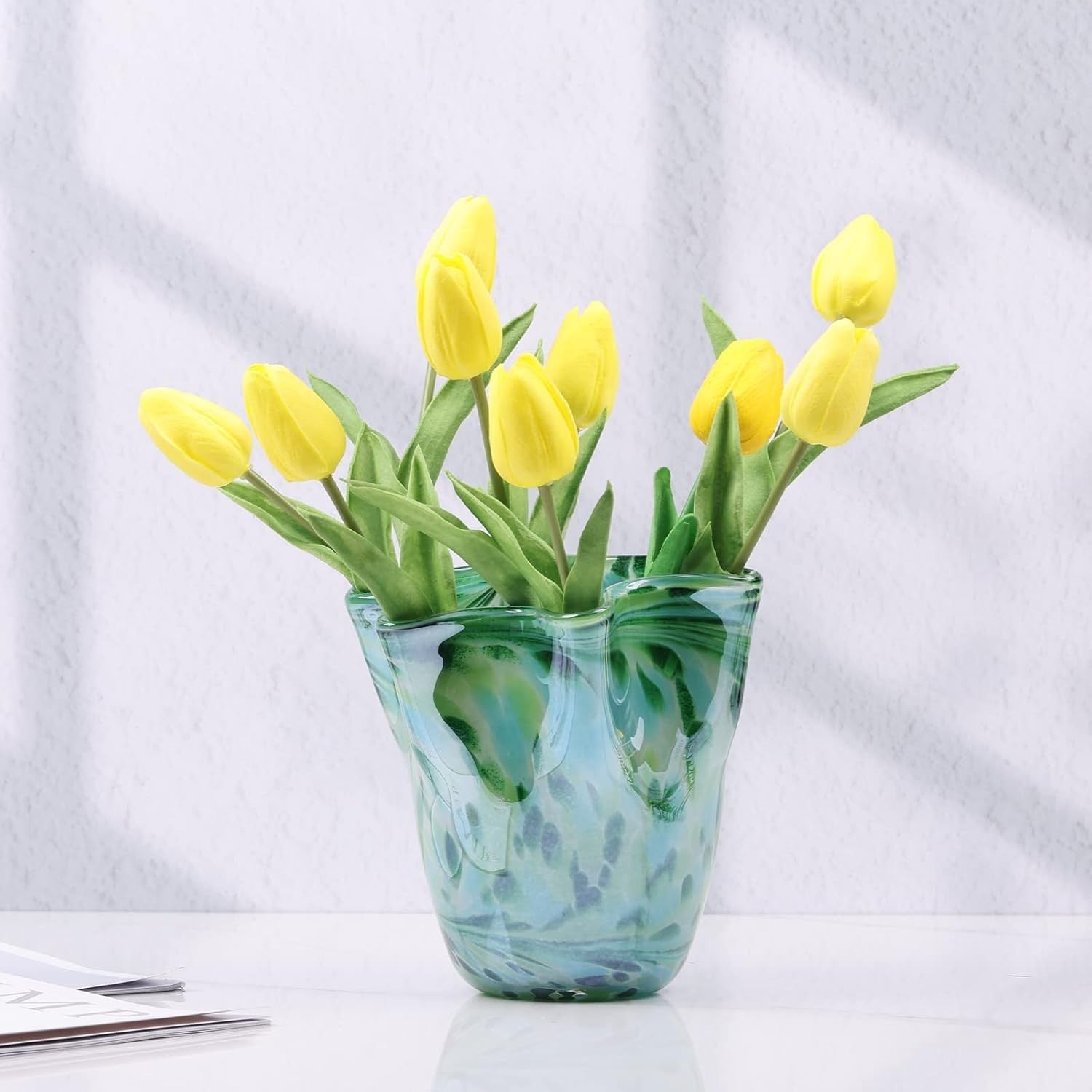 Blown Teal Glass Vase Wide Mouth Modern Art Irregular Home Decor