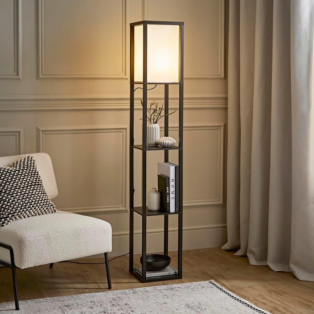Wooden Floor Lamp with Shelves Modern Standing Light Storage Display