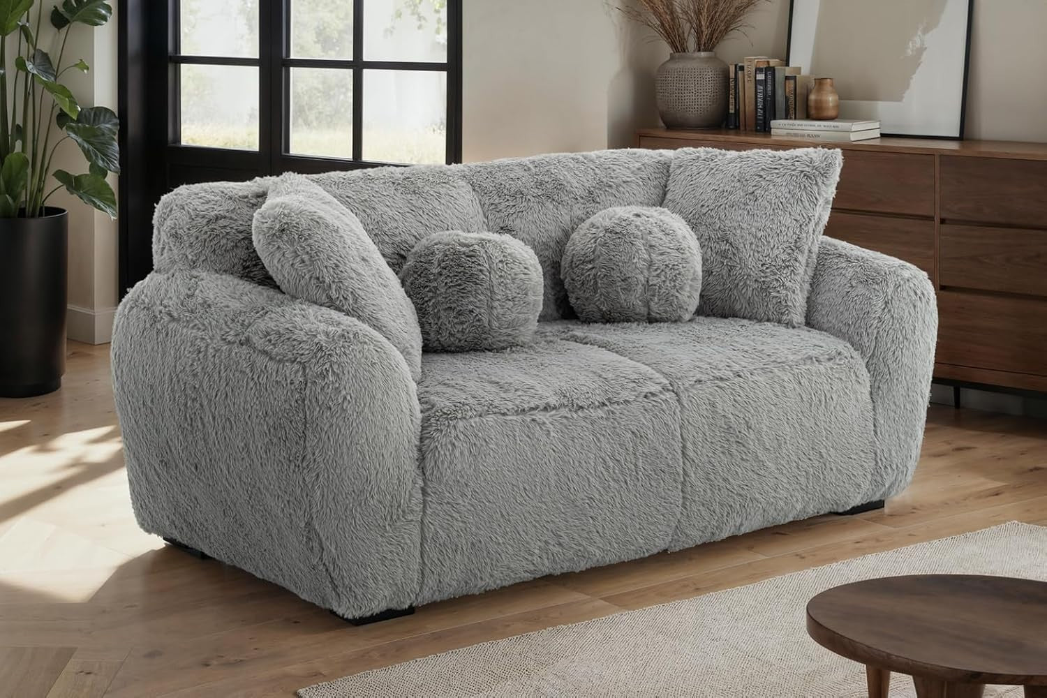 Grey Teddy 2 Seater Sofa Deep Seat Fluffy Faux Fur Comfy Lounge Couch
