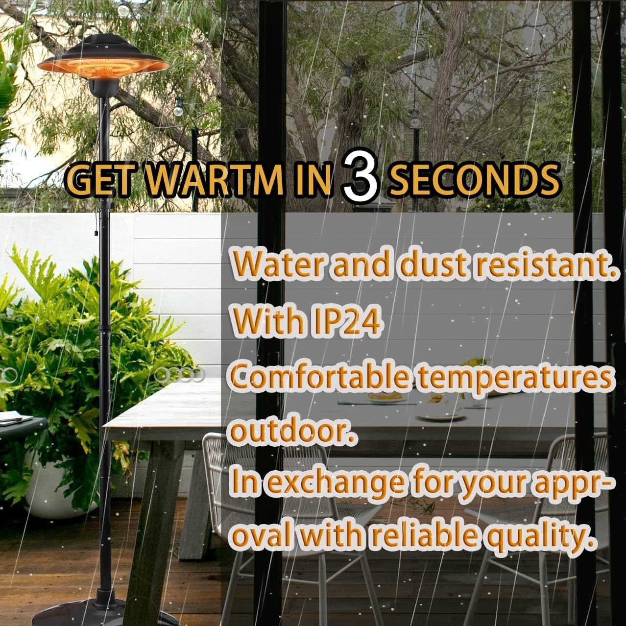 Outdoor Electric Patio Heater Waterproof Halogen Tube | Fast Heat | 2000W