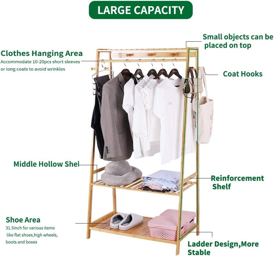 Clothes Rail Rack with Shelves & Hooks, Open Wardrobe
