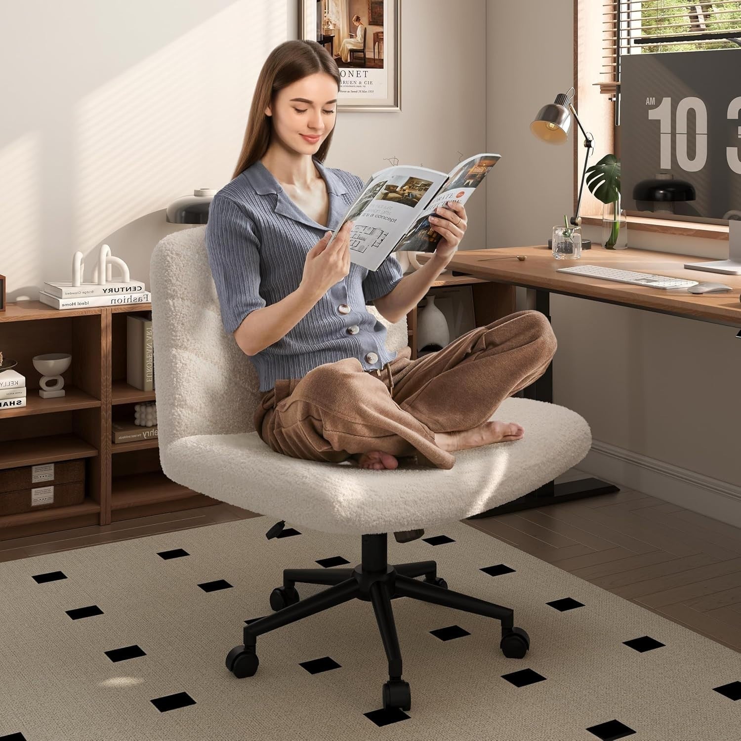 Adjustable Home Office Desk Chair Ivory Armless Swivel Extra-Wide Padded Seat