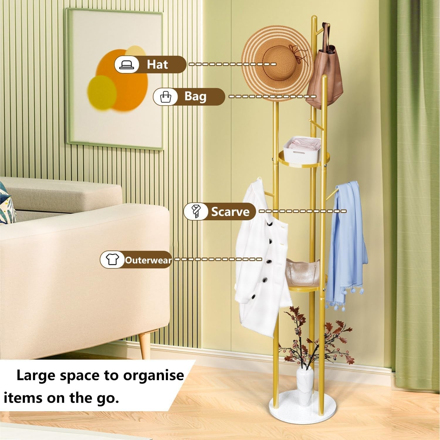 Modern Gold Metal Coat Rack with Shelves | Freestanding Hall Tree Organizer Stan