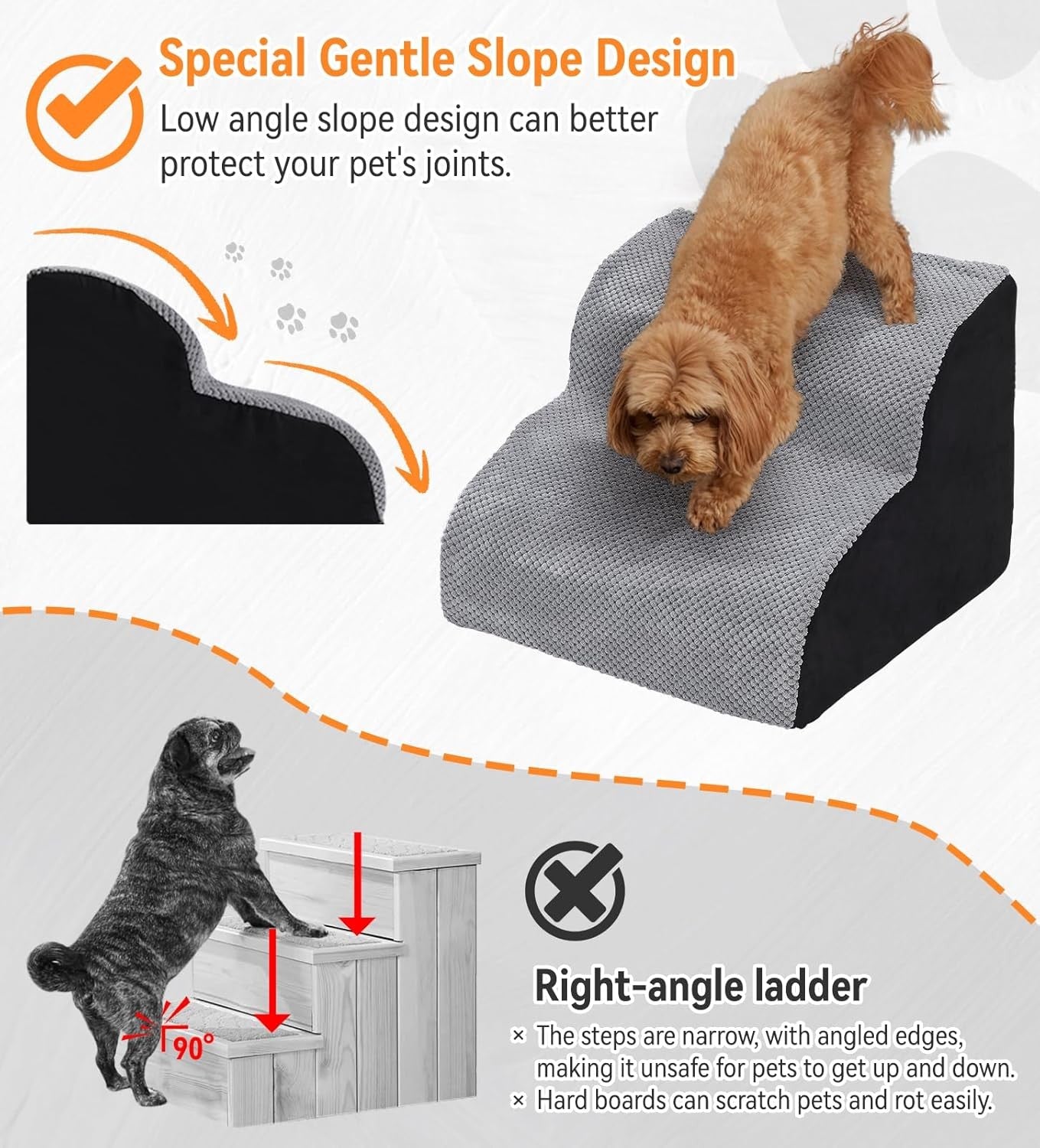 3 Step Dog Stairs Foam Pet Ramp Non Slip Grey 59x40x40cm