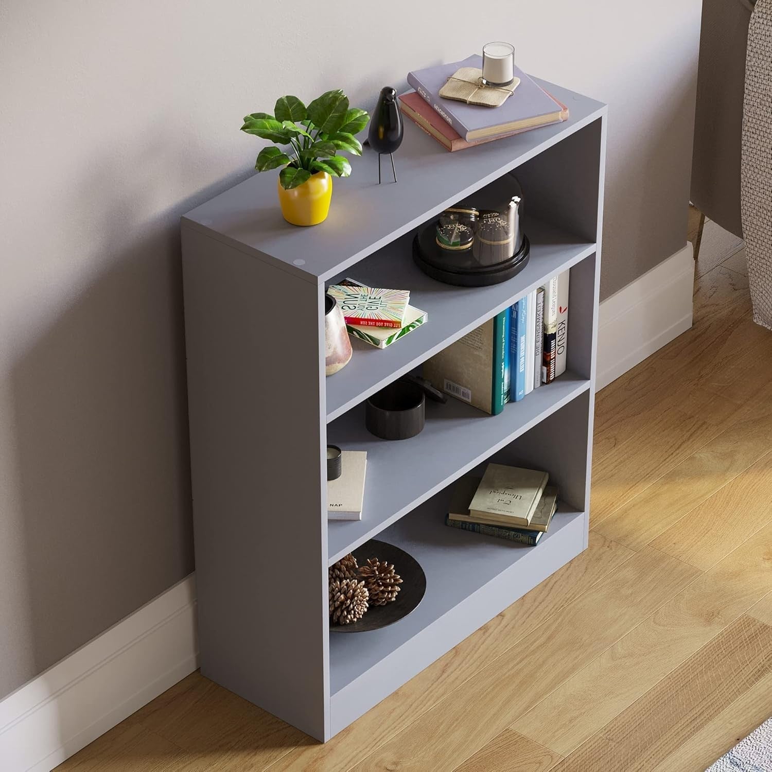 3 Tier Grey Wooden Bookcase Modern Storage Display Shelf for Living Room Low