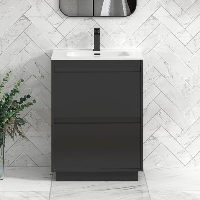 600mm Jet Black Floor Standing Vanity Unit with Basin Sink 2 Drawer Cabinet