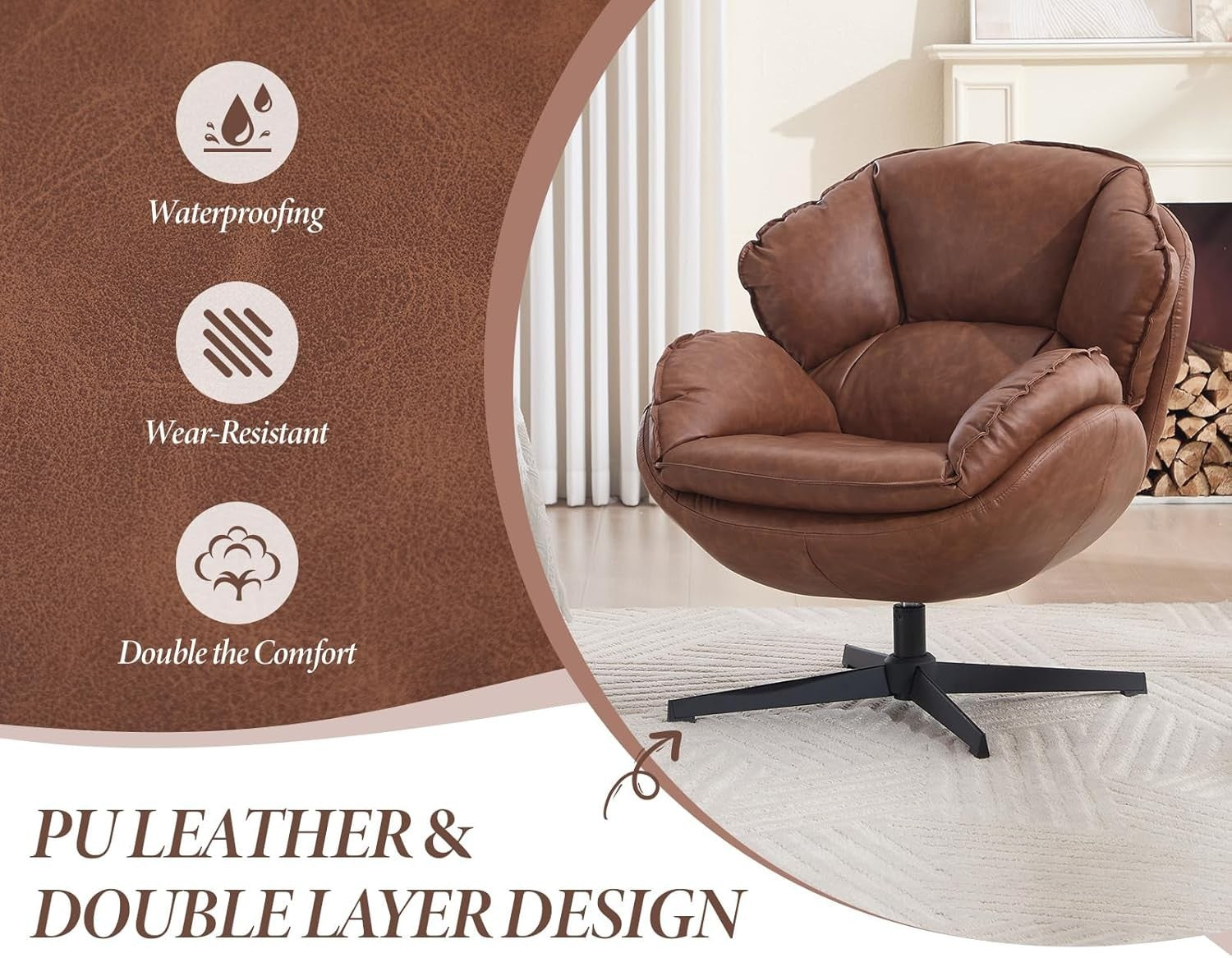 Brown PU Leather Swivel Accent Chair 360° Tub Armchair Reading Seat