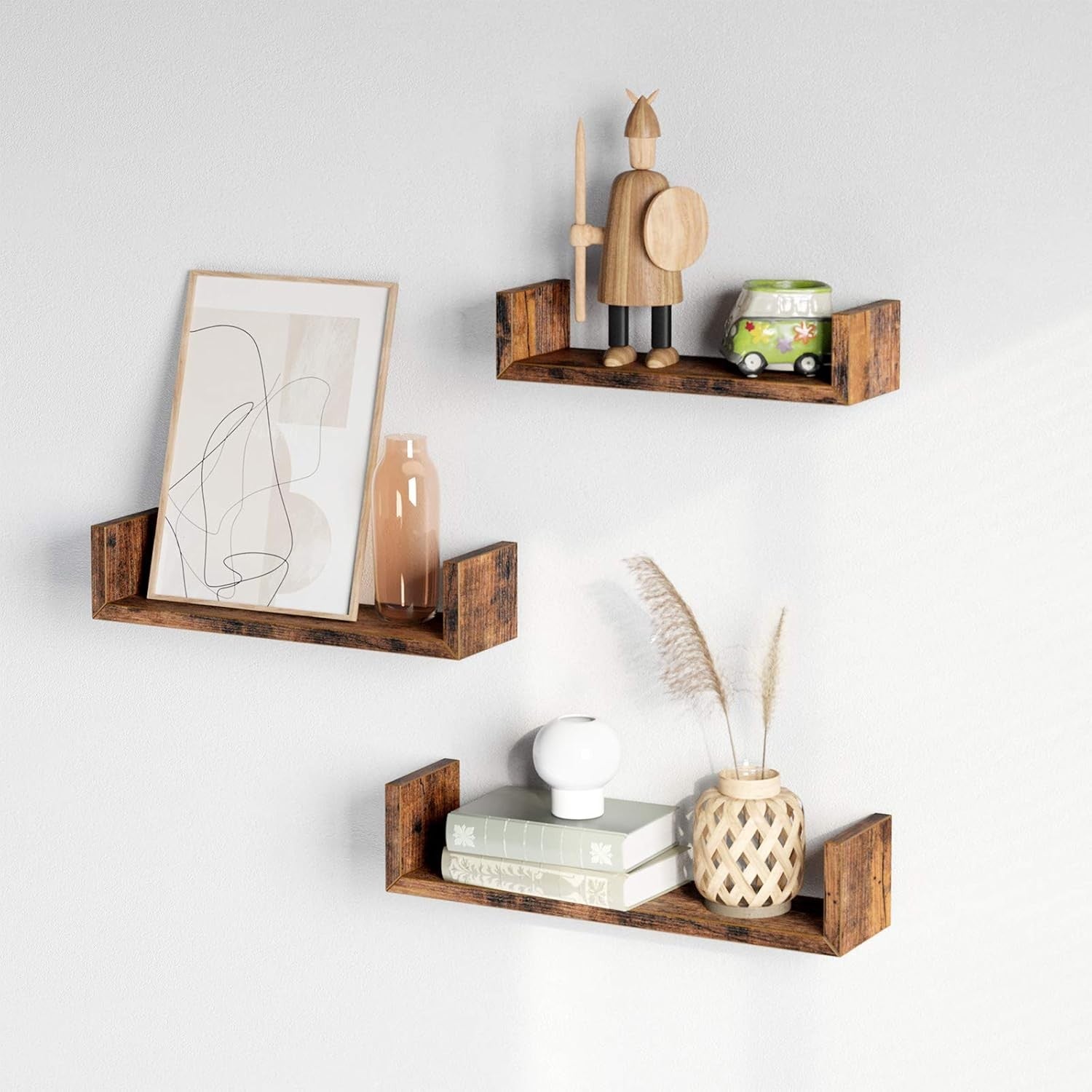 Rustic U-Shaped Floating Wall Shelves Set of 3 – Storage Display Rack