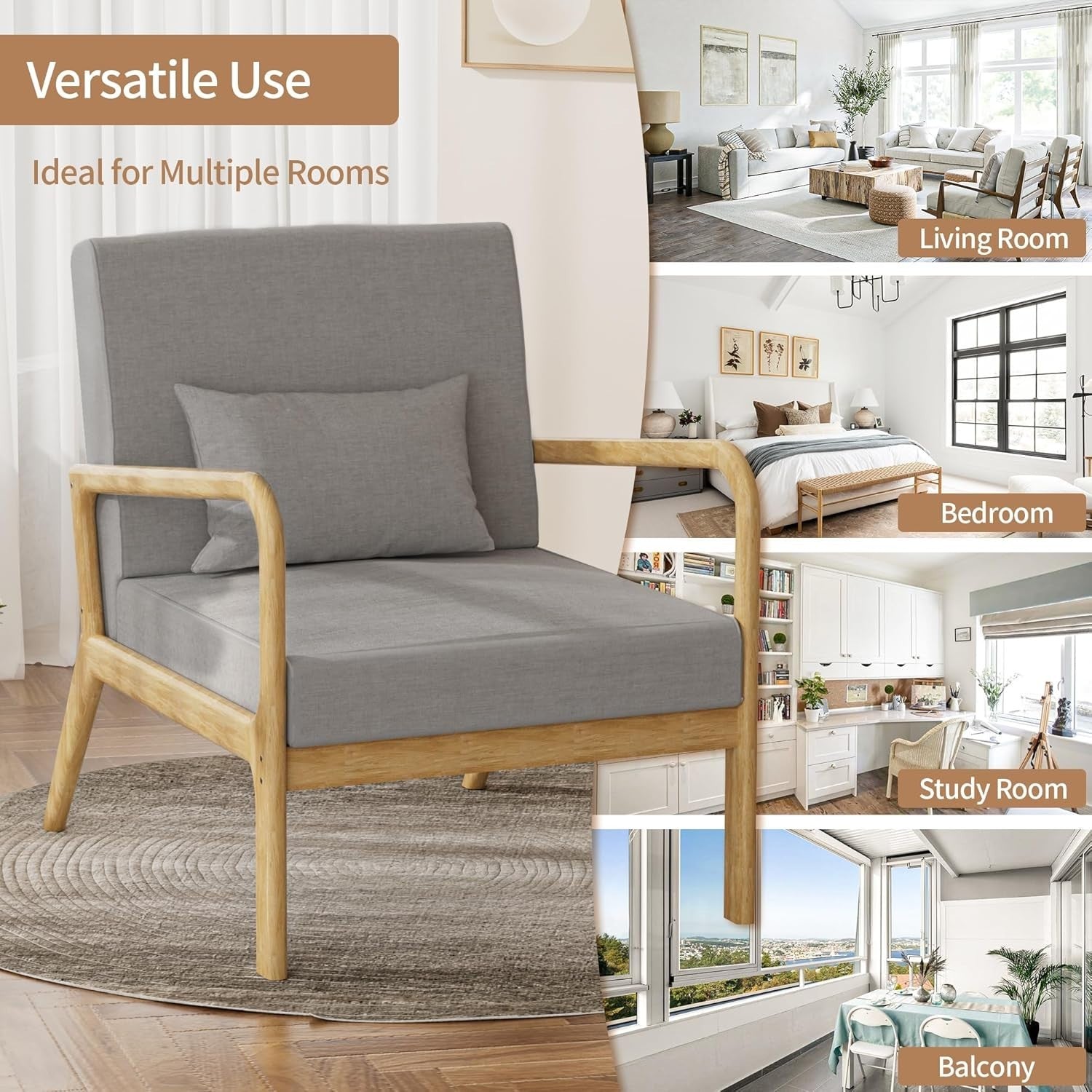 Mid-Century Modern Wide Seat Accent Armchair with Lumbar Pillow