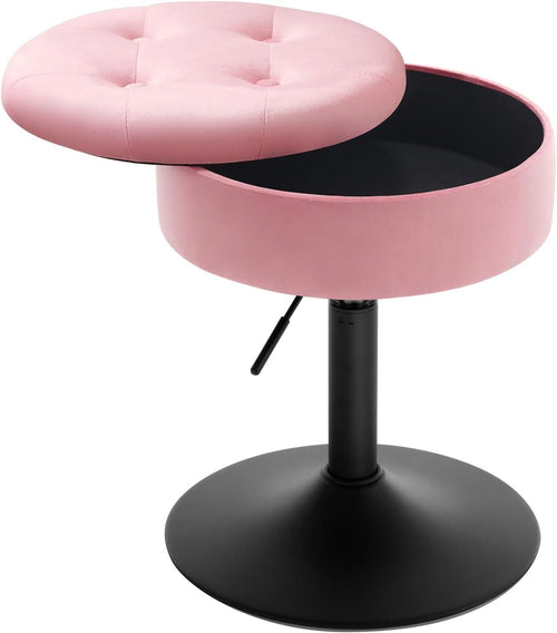 Pink Velvet Swivel Vanity Stool with Storage Round Adjustable Makeup Seat