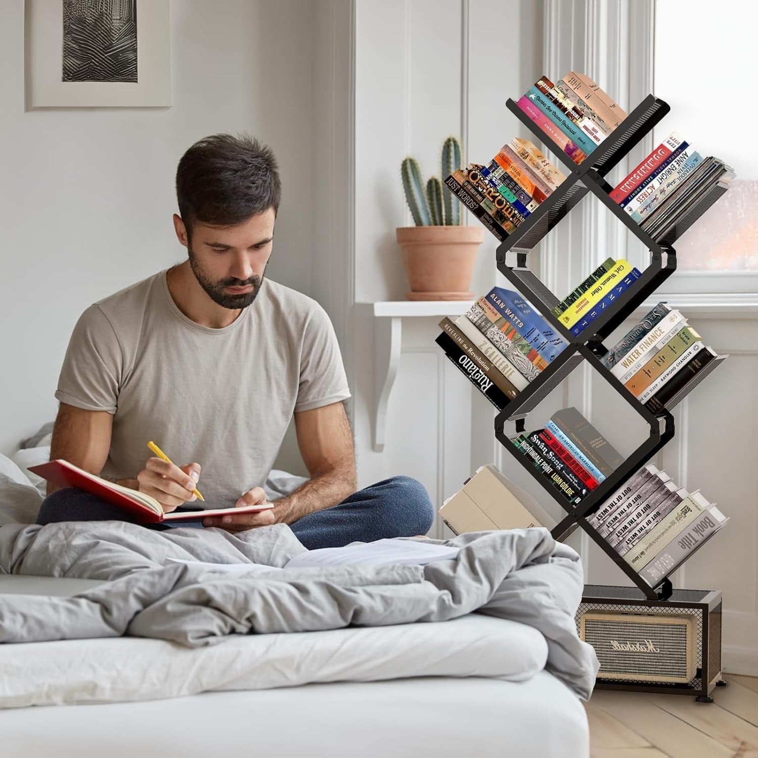 9 Tier Folding Tree Bookcase Metal Corner Bookshelf Free Standing Black