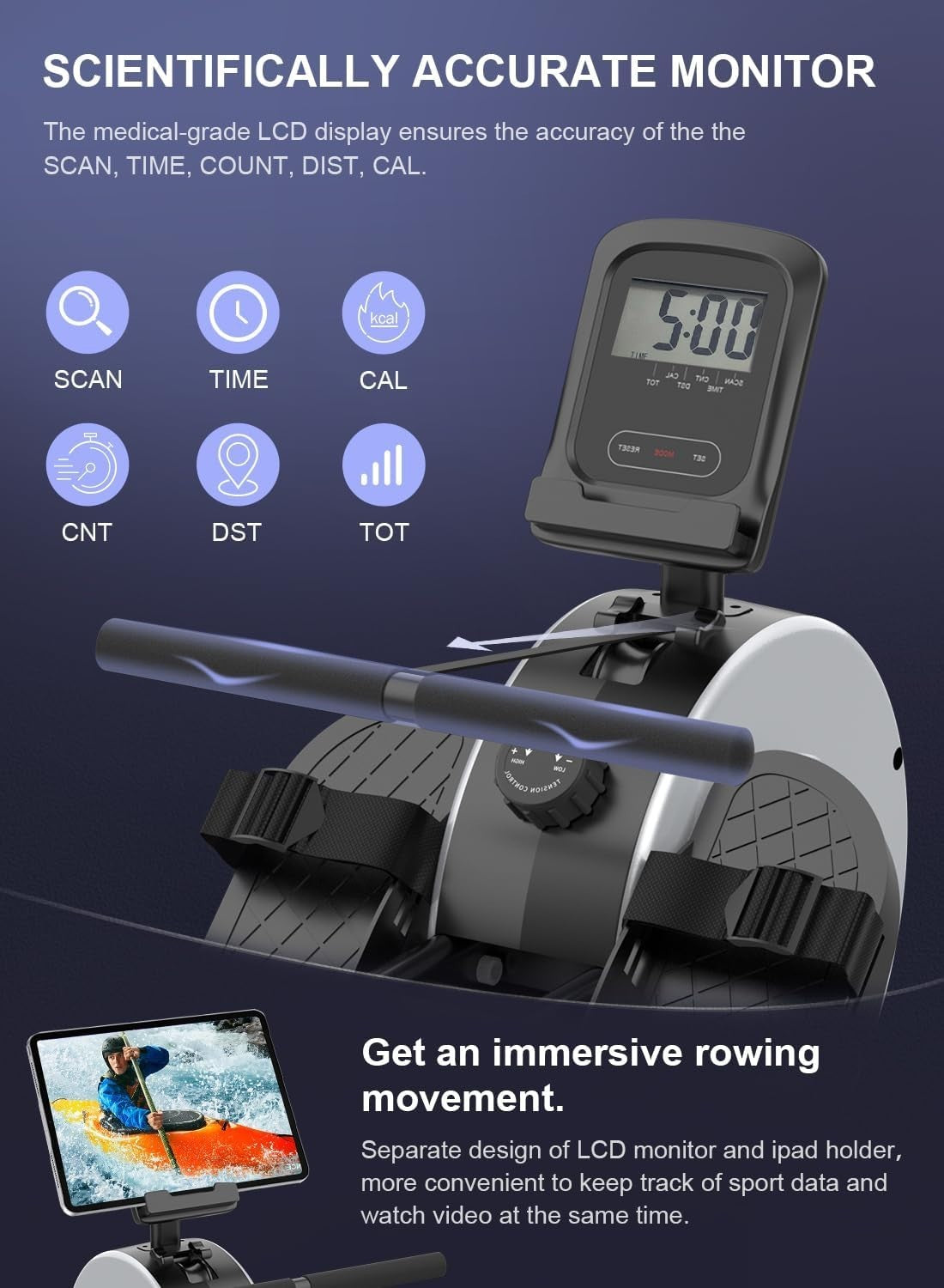 Magnetic Rowing Machine 16-Level Quiet Resistance Dual Rail LCD App 130KG