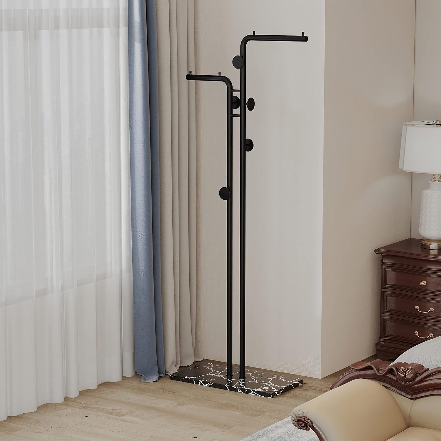 Double Pole Metal Coat Rack Freestanding with Marble Base 5 Hooks Black
