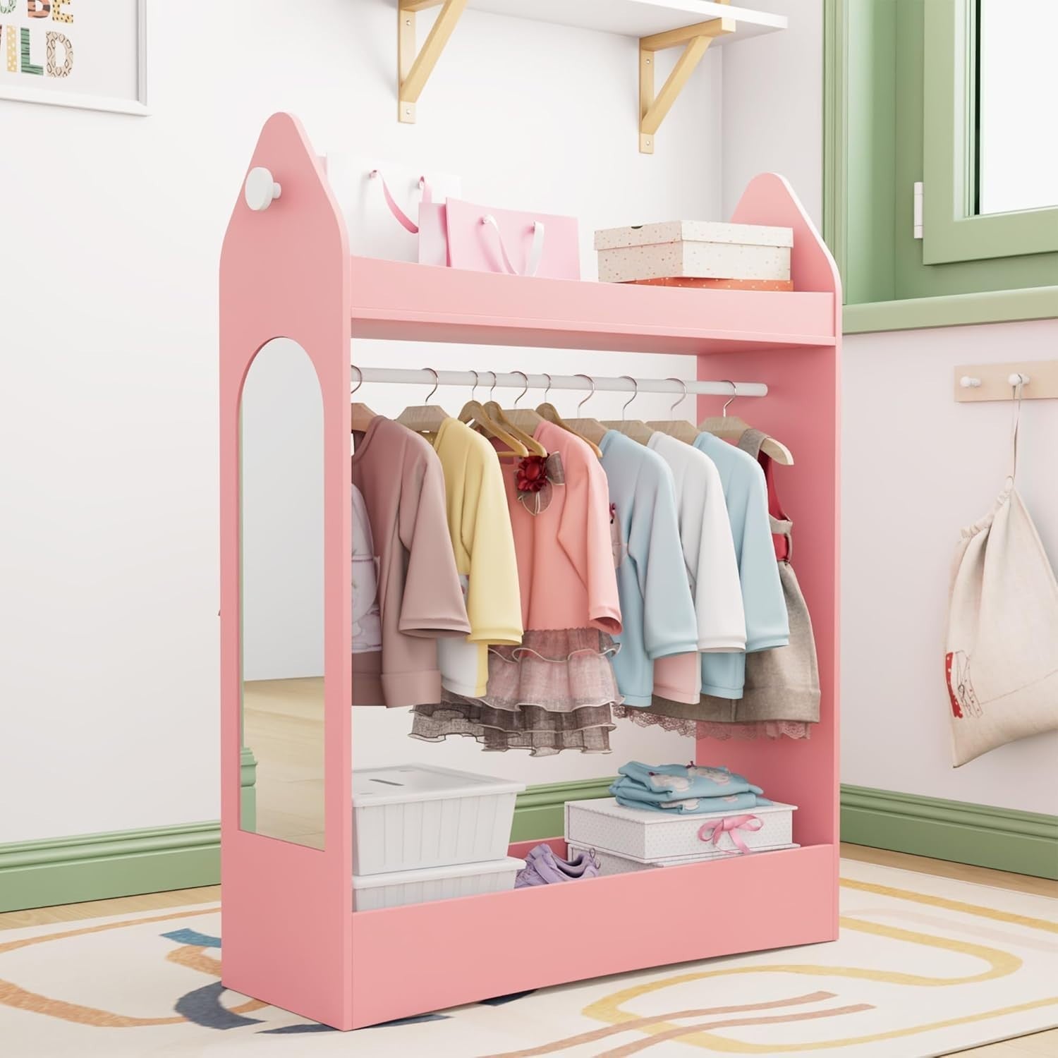 Kids Wardrobe with Mirror & Hanging Rail, Open Storage, Pink Rocket Design
