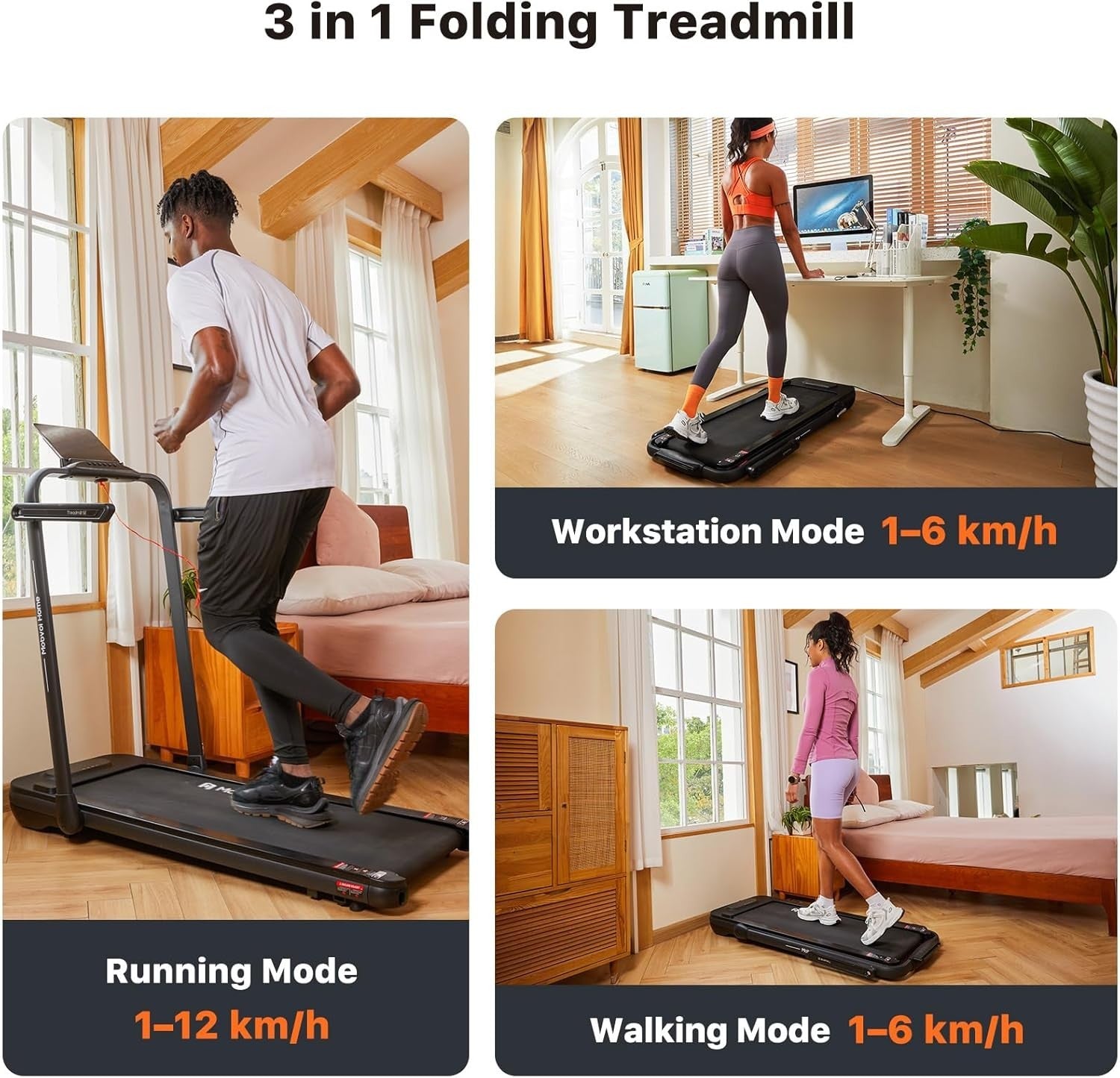Foldable Under Desk Treadmill 3-in-1 Walking Jogging Running 12KM/H