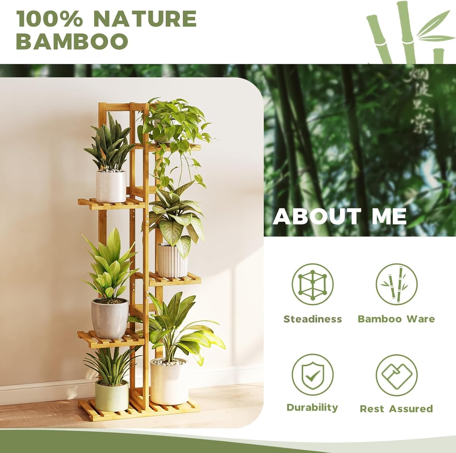 5 Tier Bamboo Plant Stand | Tall Corner Flower Shelf Indoor Outdoor Display Rack
