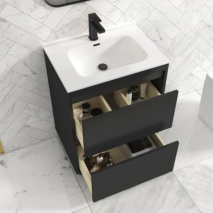 600mm Jet Black Floor Standing Vanity Unit with Basin Sink 2 Drawer Cabinet