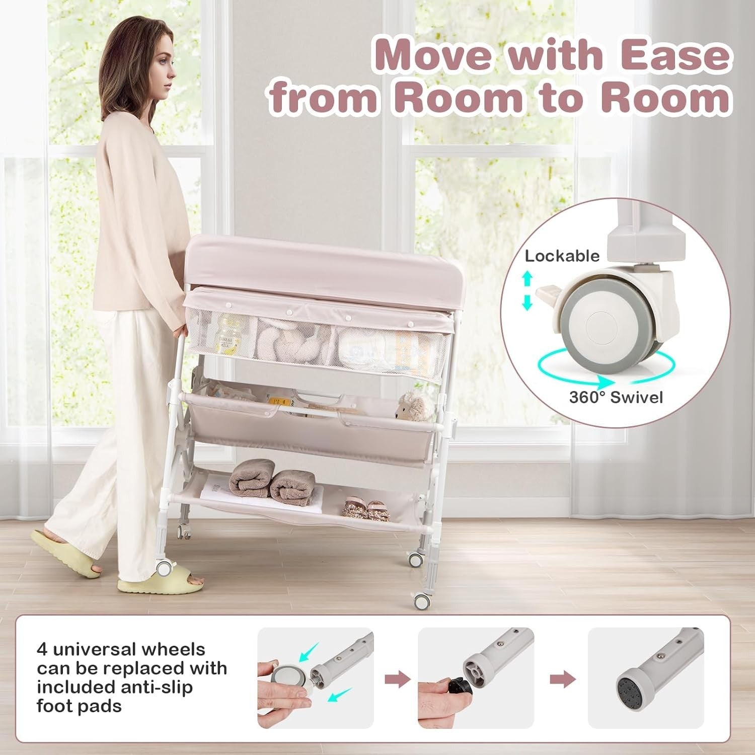 Baby Changing Table Folding Nursery Station with Wheels & Storage Beige