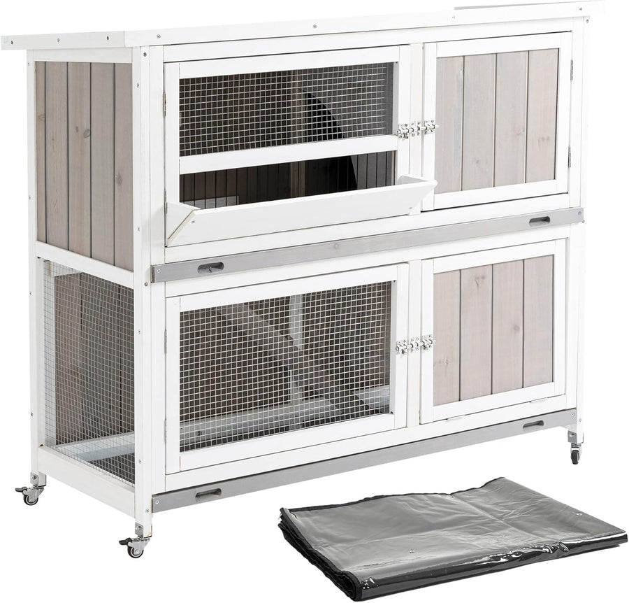 Two Tier Rabbit Hutch with Wheels Weatherproof Wooden Guinea Pig Cage