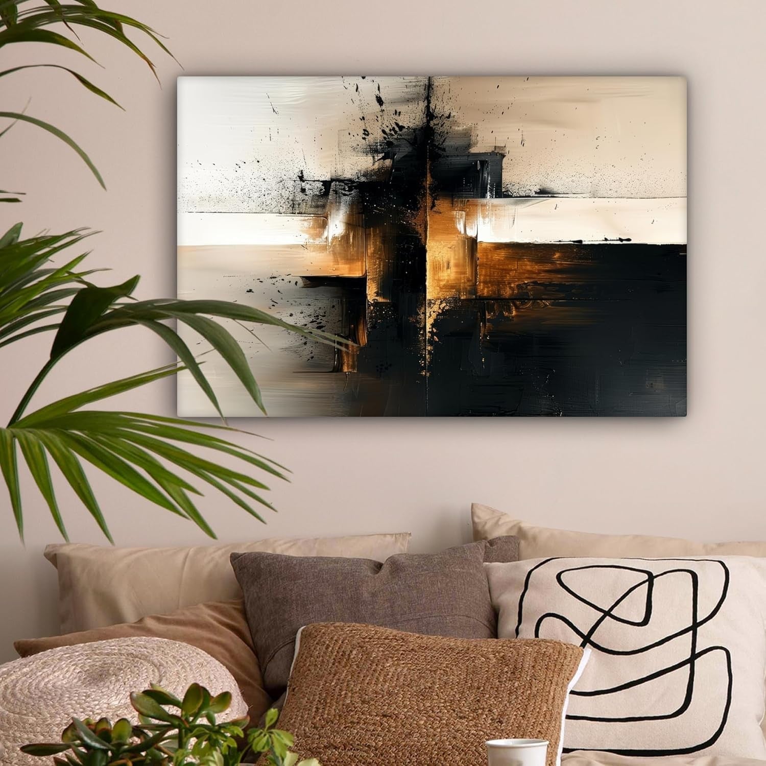 Black Gold Abstract Canvas Wall Art 60x40cm Framed Modern