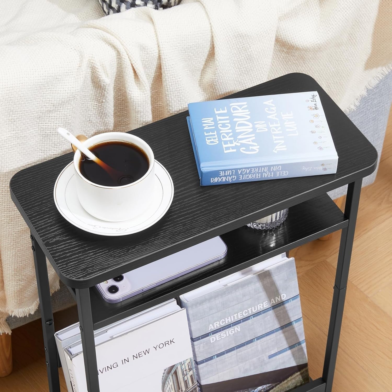 Slim Black Side Table for Small Spaces – 3-Tier Storage Bedside Unit 55cm