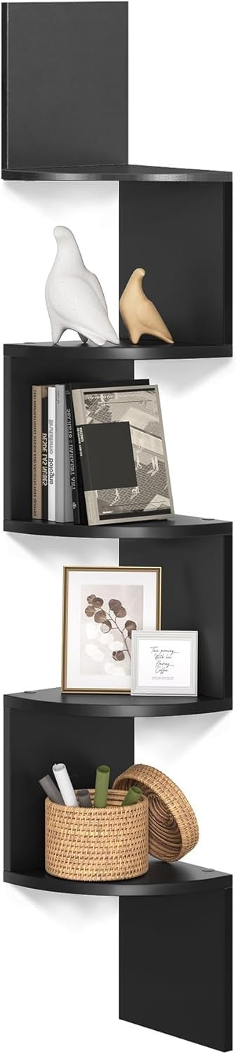 5 Tier Corner Wall Shelf Black Floating Zigzag Display Unit 126cm