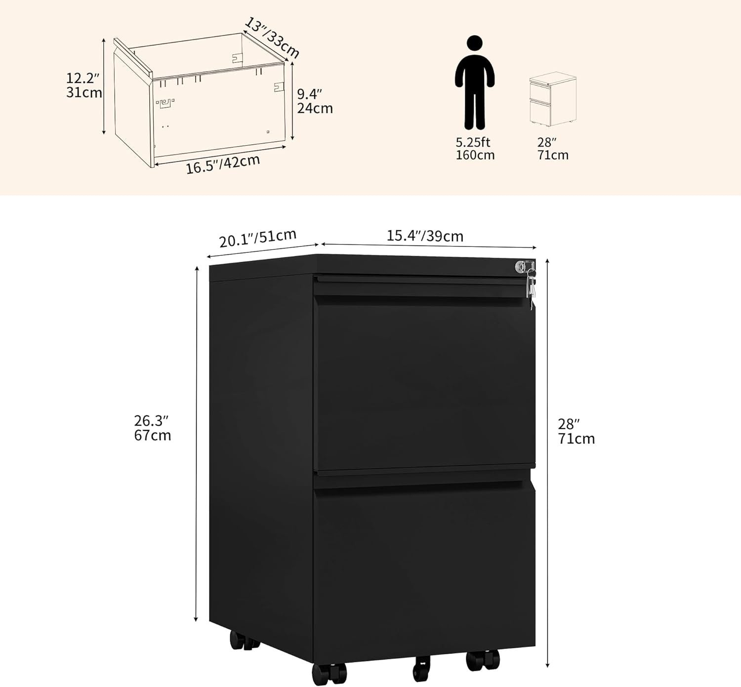 Black Mobile Filing Cabinet 2 Drawer Lockable Anti Tip Under Desk