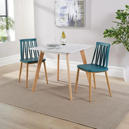 2 Seater Dining Table Set White MDF Top & Teal Chairs Modern Scandi Style