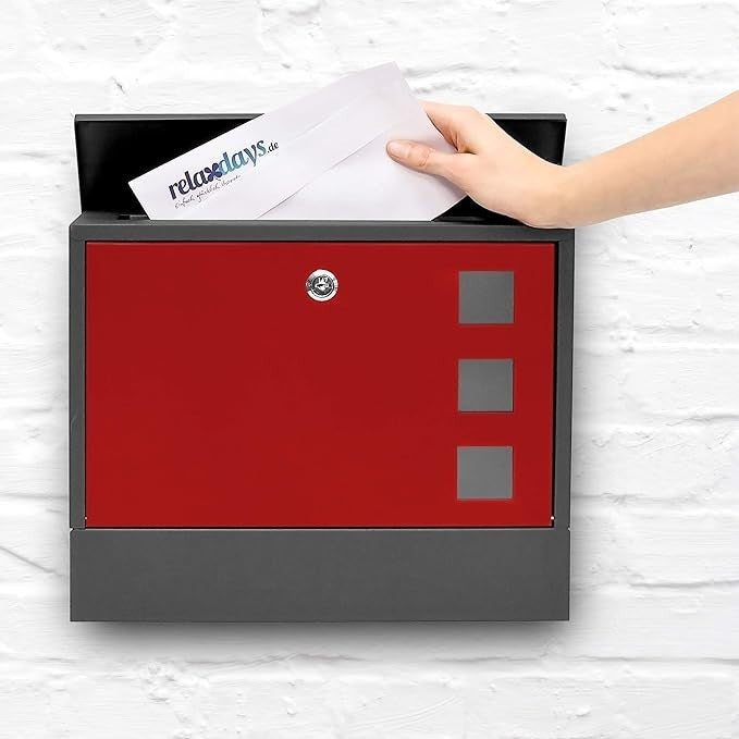 Lockable Wall Mounted Mailbox Black Red Secure Post Box w/ Keys A4 Slot