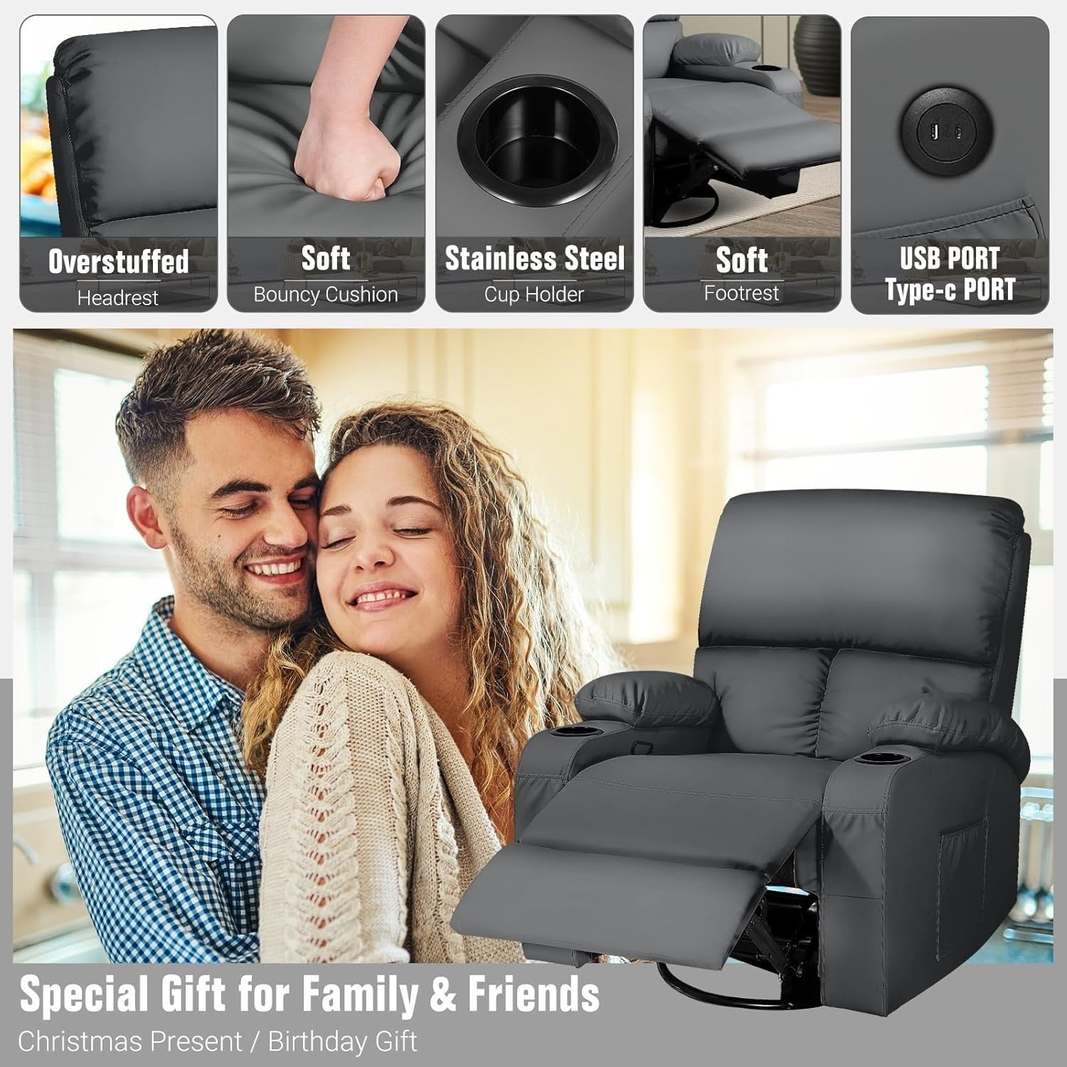 Swivel Rocker Recliner Massage Heat USB Type-C Faux Leather Dark Grey