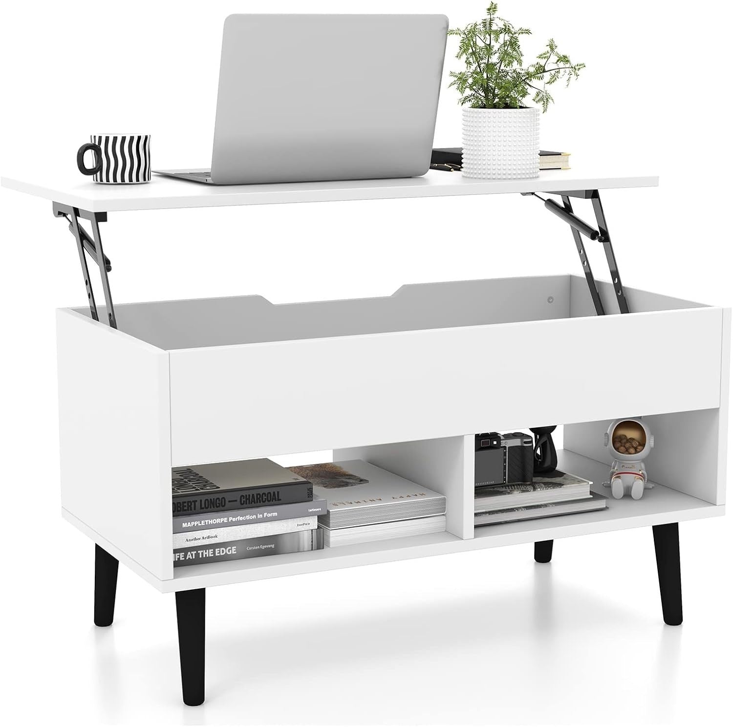 White Lift Top Coffee Table with Storage Shelf – Adjustable, 80cm Modern