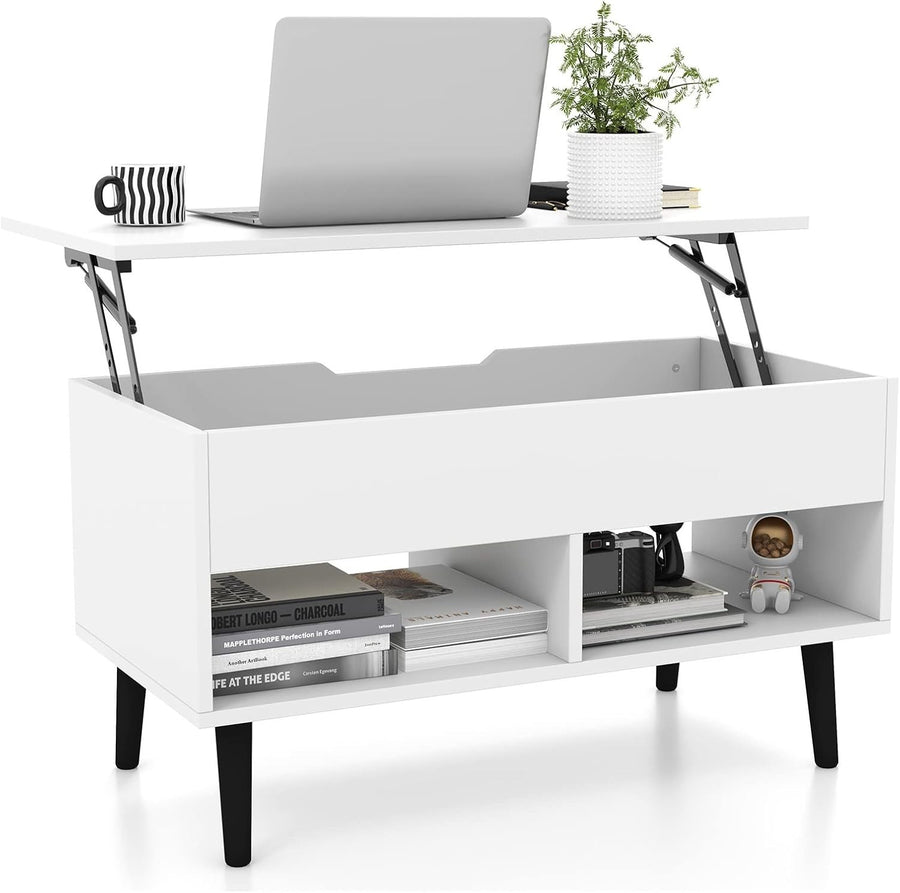 White Lift Top Coffee Table with Storage Shelf – Adjustable, 80cm Modern