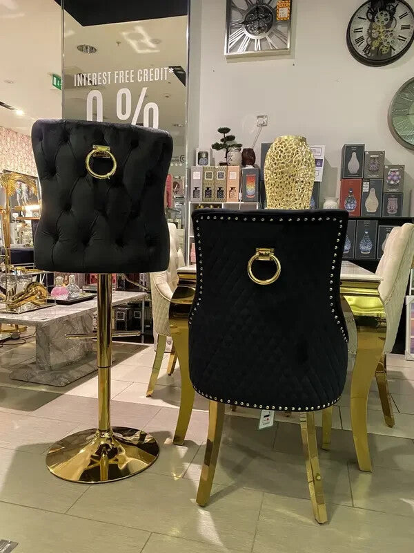 2 Black Velvet Dining Chairs Gold Legs Ring Back Tufted Studded Luxury