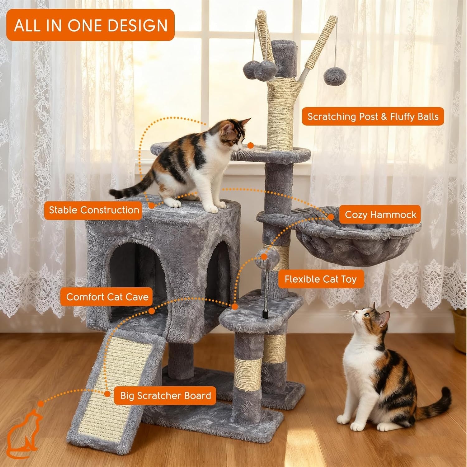 Cat Tree Tower Indoor with Hammock Condo Sisal Scratching Posts Play Centre