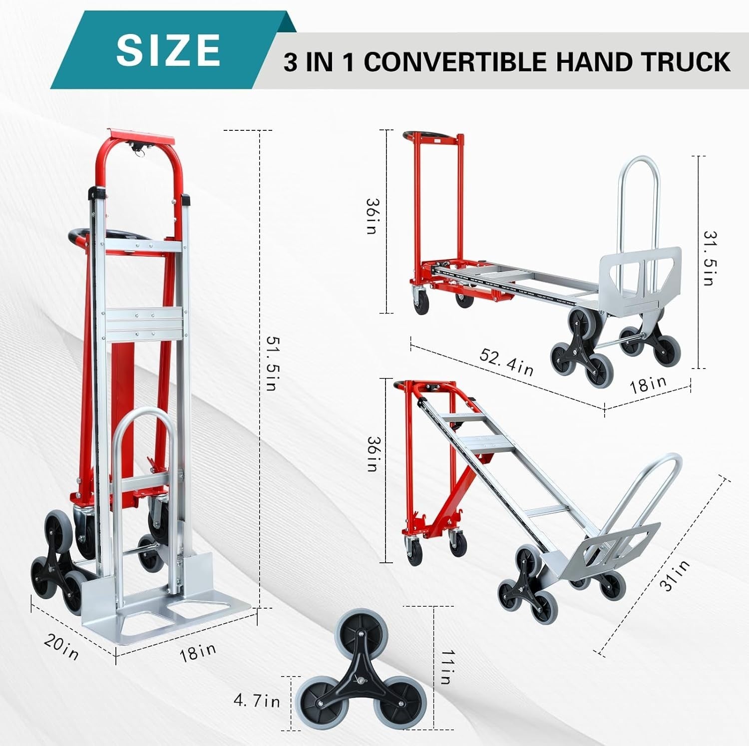 3 in 1 Heavy Duty Convertible Hand Truck 1000lbs Stair Climbing Dolly