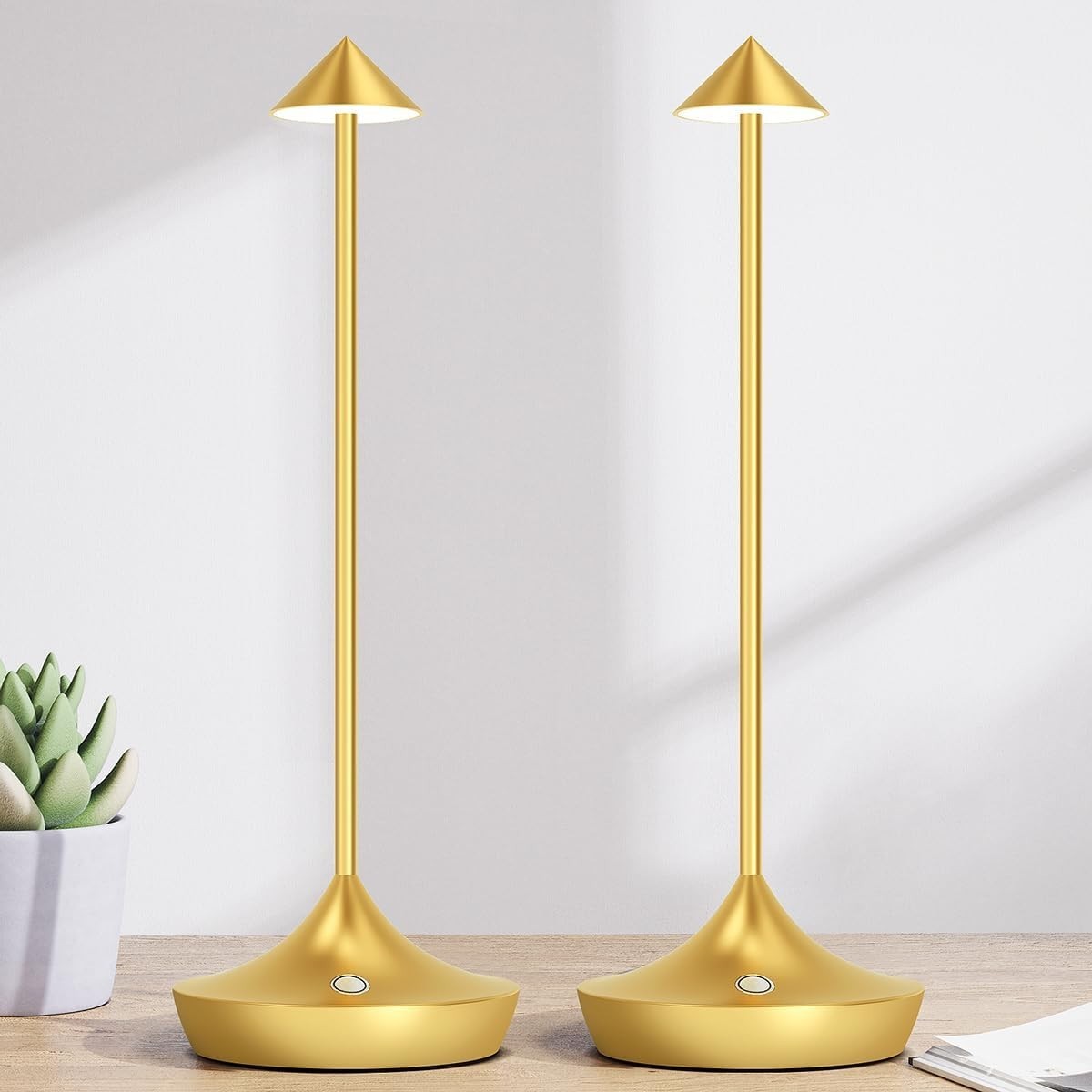 Rechargeable Cordless LED Table Lamps 2pcs Gold, Dimmable, Portable