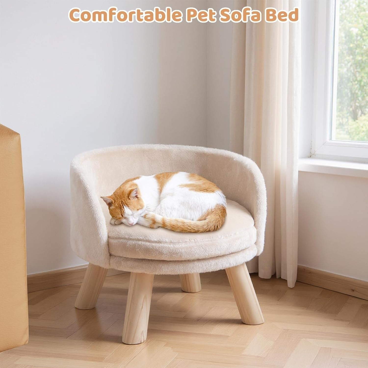 Elevated Dog Cat Sofa Bed Plush Pet Lounge Chair w Wood Legs Beige