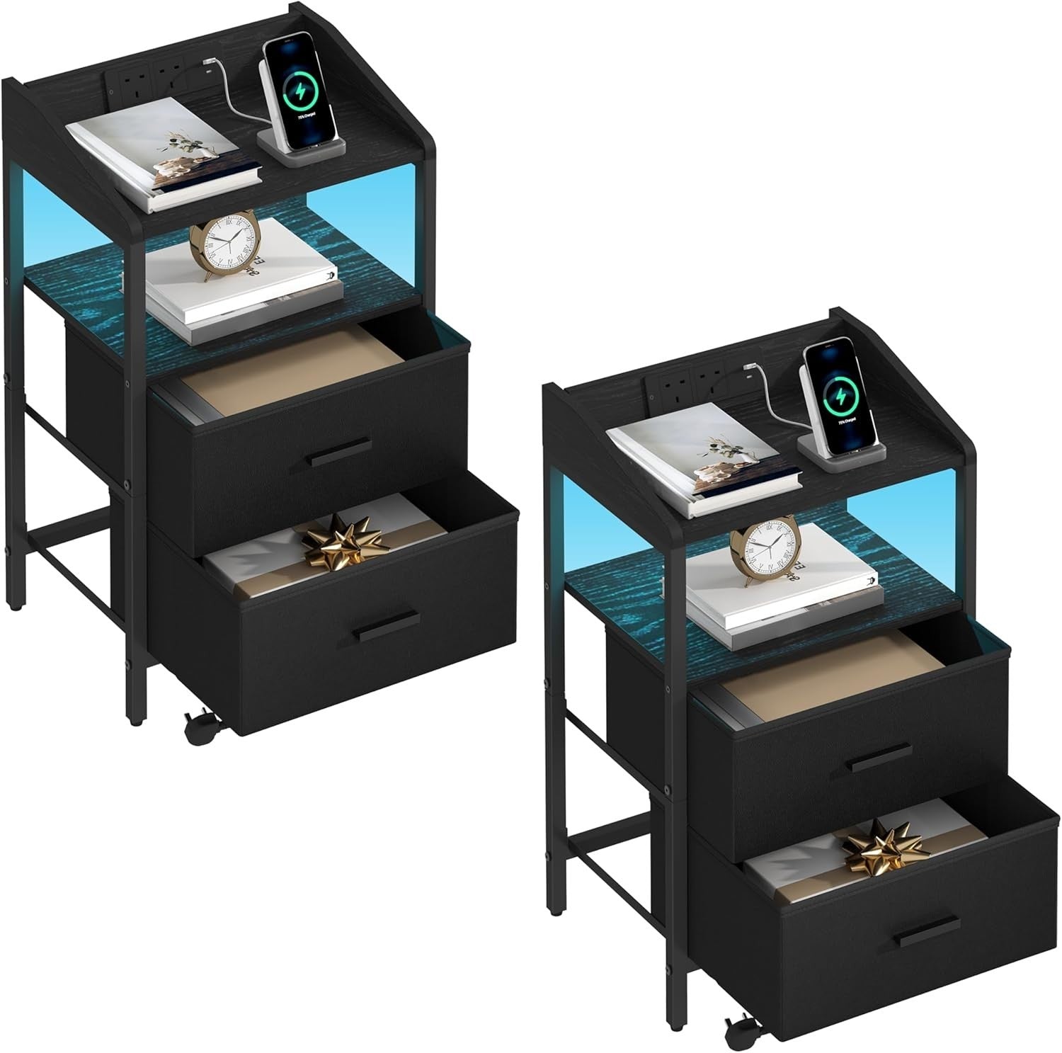 Black Bedside Table with USB Type-C Charging Ports & 2 Drawers