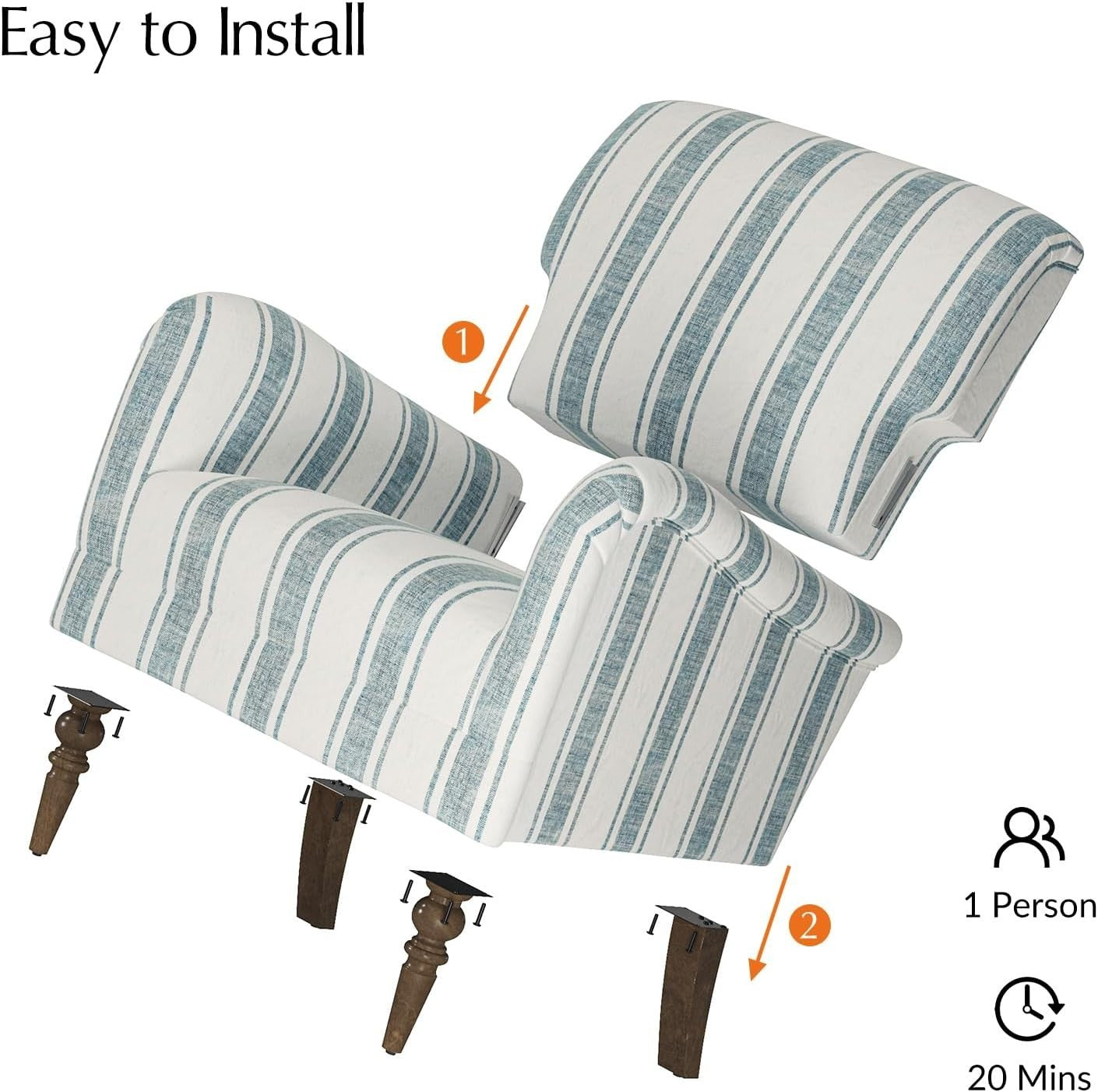Striped Blue Accent Chair Upholstered Armchair for Living Room Bedroom