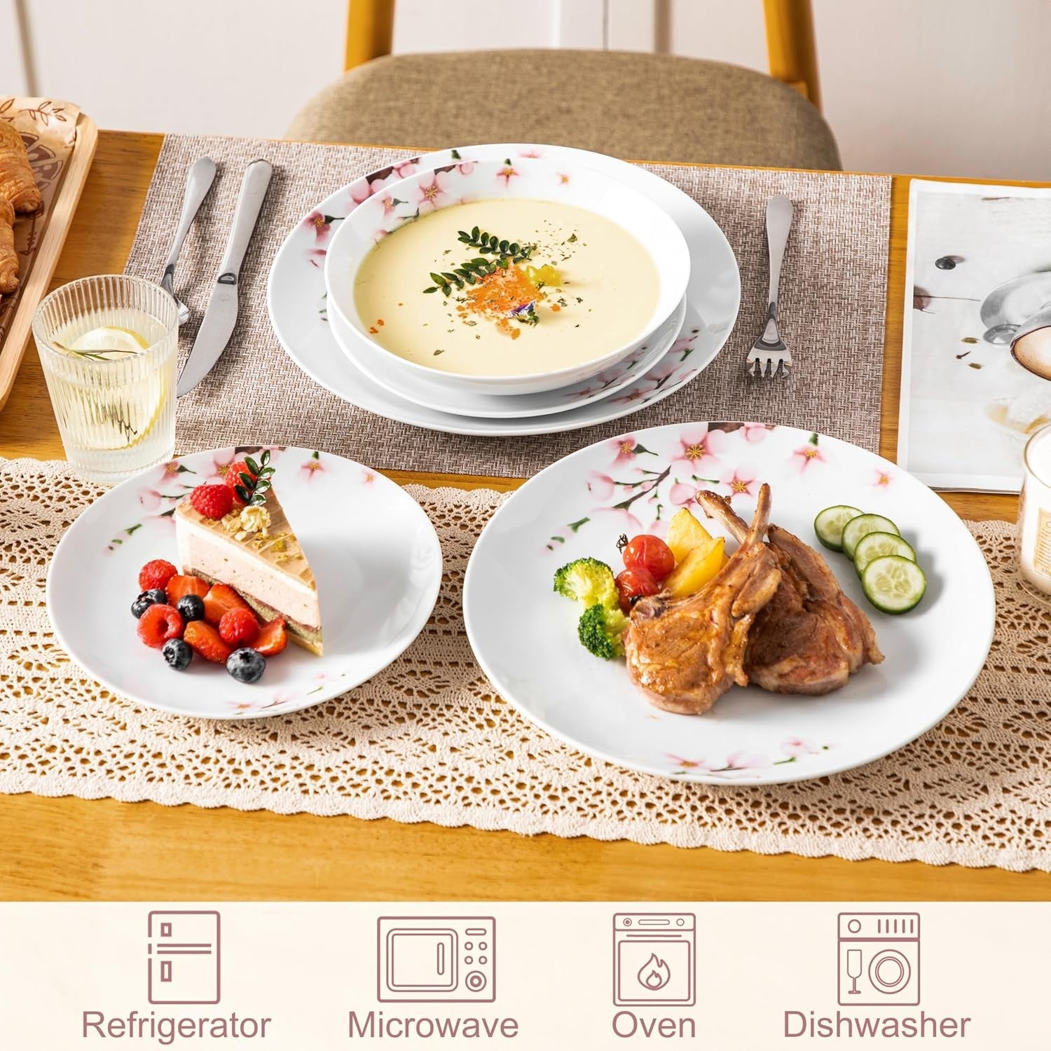 18 Piece Porcelain Dinner Set Floral Plates Bowls Dishwasher Microwave Safe